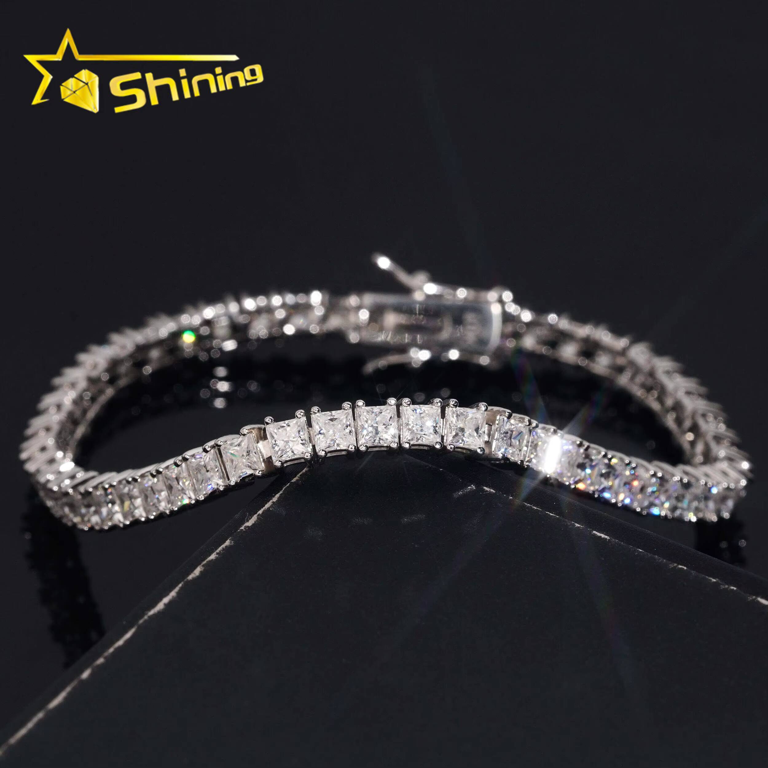 Classic Style Solid Silver 925 Hip Hop Jewelry Cuban Link Bracelet Iced Out Princess Cut 3mm Real Moissanite Tennis Bracelet