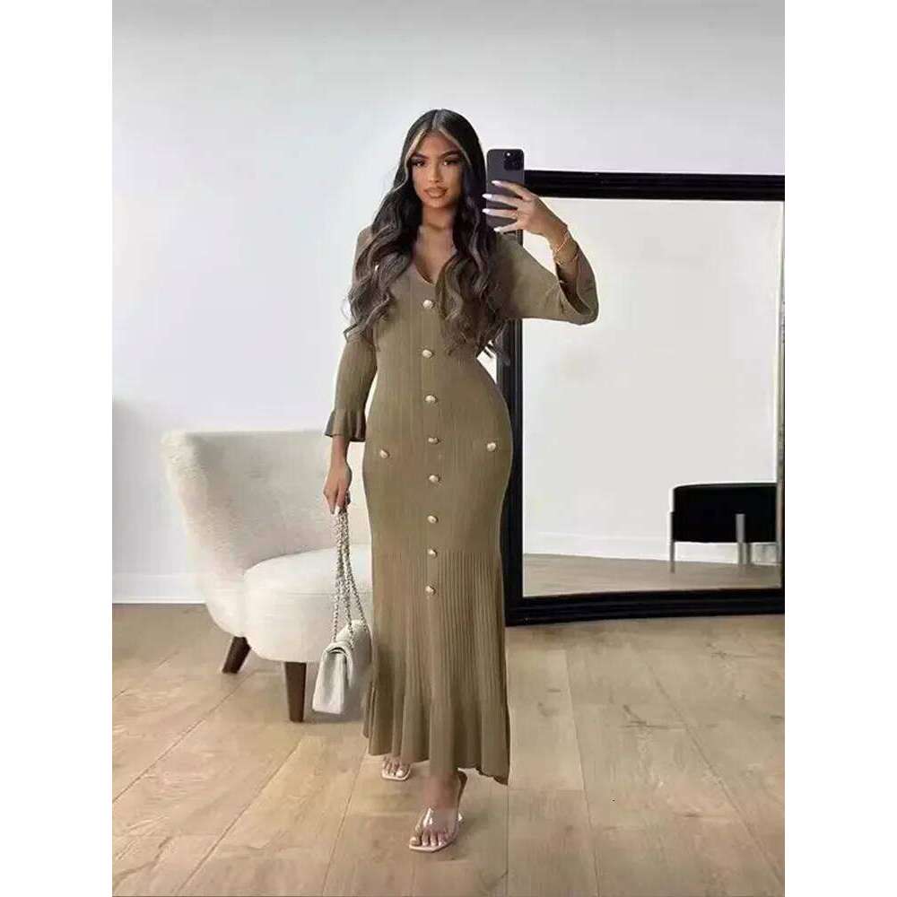 Elegant Solid Knitted Dresses For Women Fashion V-neck Long Sleeve Single-breasted Dress Female New Office Lady Street Robe XJ260131