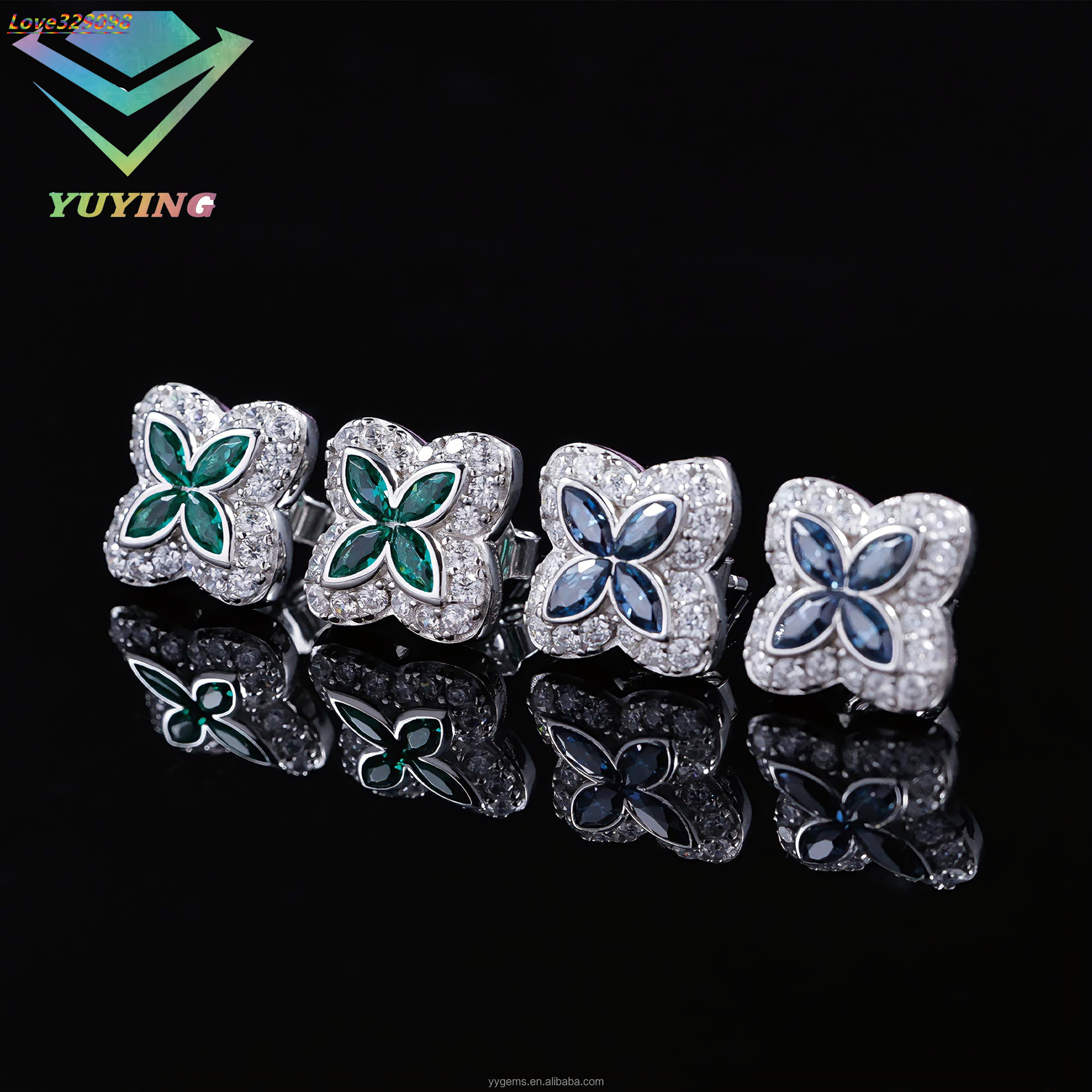 Wholesale 925 Sterling Silver Colored Earrings Jewelry Men Women Hip Hop Earrings Green Blue Moissanite Clover Stud Earrings