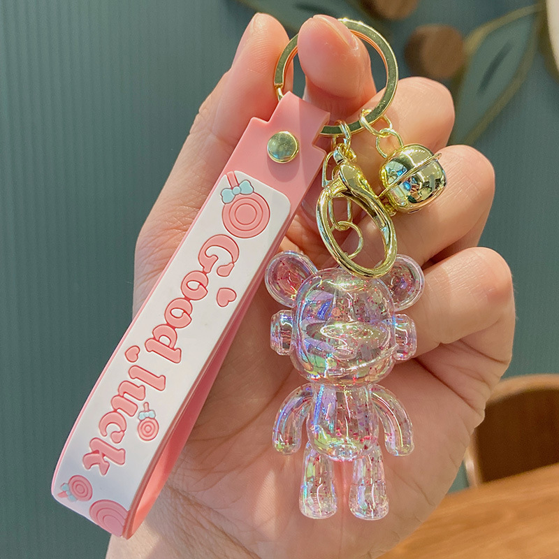 Transparent Glitter Bear Keychain Cute Acrylic Pendant With Bell Fashion Bag Charm Car Keyring Good Luck Gift For Women