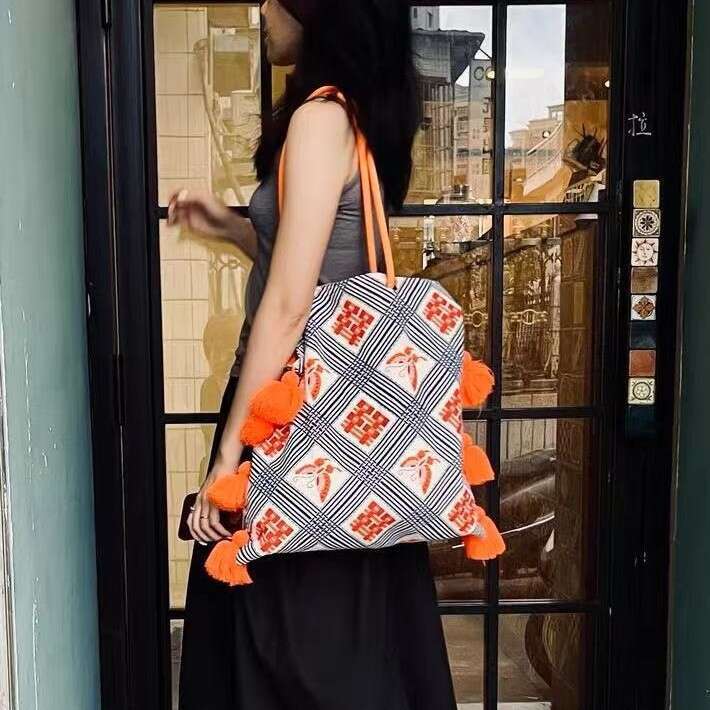 Artistic Niche Ethnic Tassel Large Capacity Underarm Color-Block National Style Single Shoulder Spring Summer Original Canvas Bag MASA