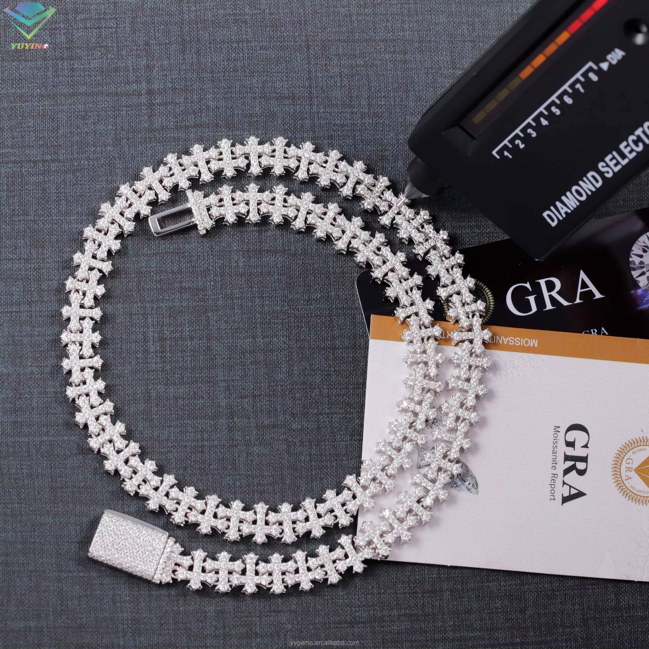 Hiphop Jewelry Cross Necklace 12mm Moissanite Diamond Chain S925 Sterling Silver Cuban Link Chain for Men Women