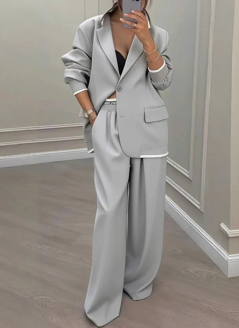 Temperament Womens Pants Suit Loose Solid Color Autumn Winter Commuting Long-sleeved Lapel Top Wide-leg Trousers Two-piece Set 260122