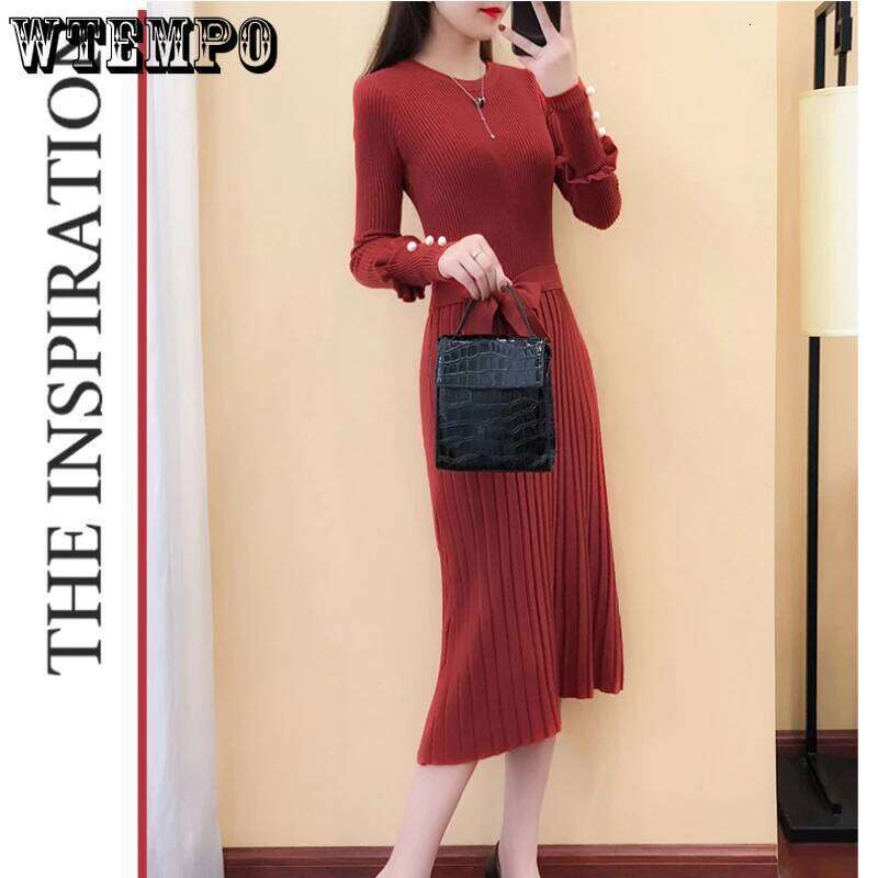 WTEMPO Korean Fashion Slim Crew Neck Sweater Dress Women Elegant Belted Sleeve Pleated Knitted Long Dresses XJ260131