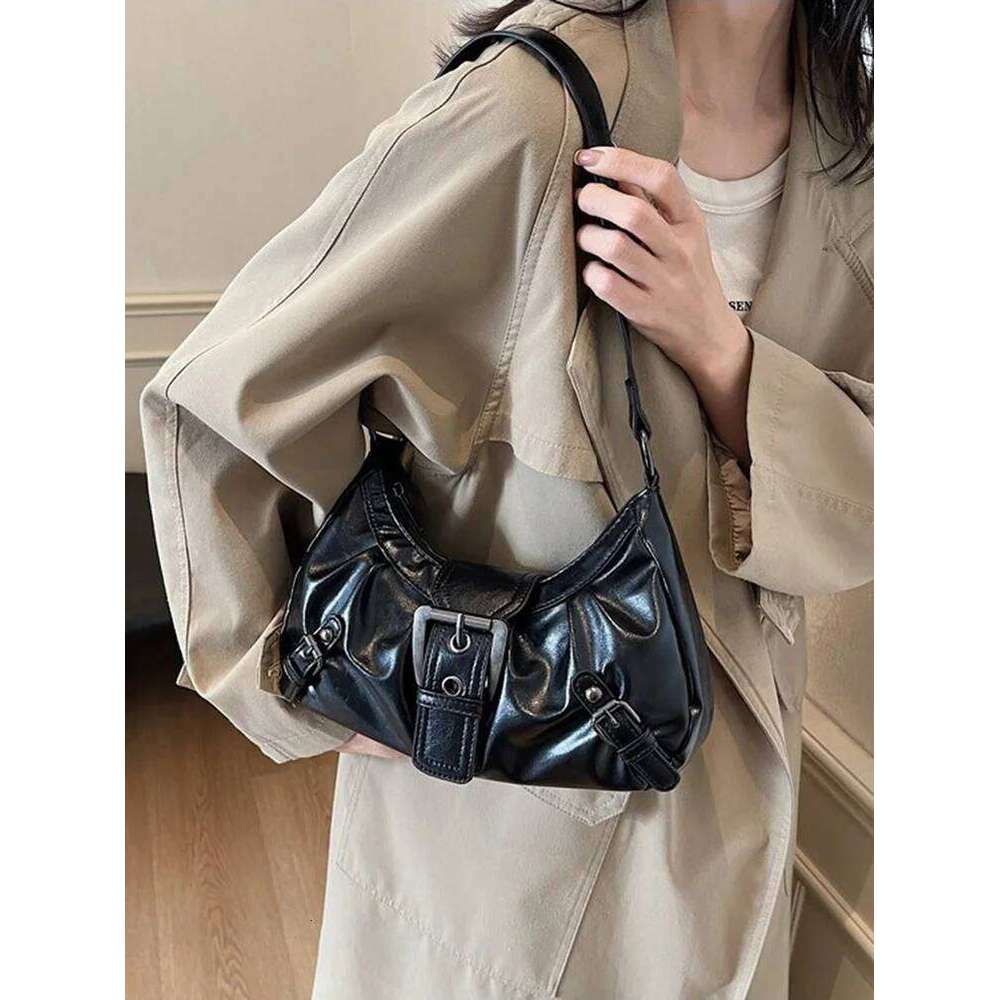 Bags Y2K Retro Style Maillard Pleated Rivet Armpit Bag, Fashionable Ladies Cool Leather Shoulder Bag