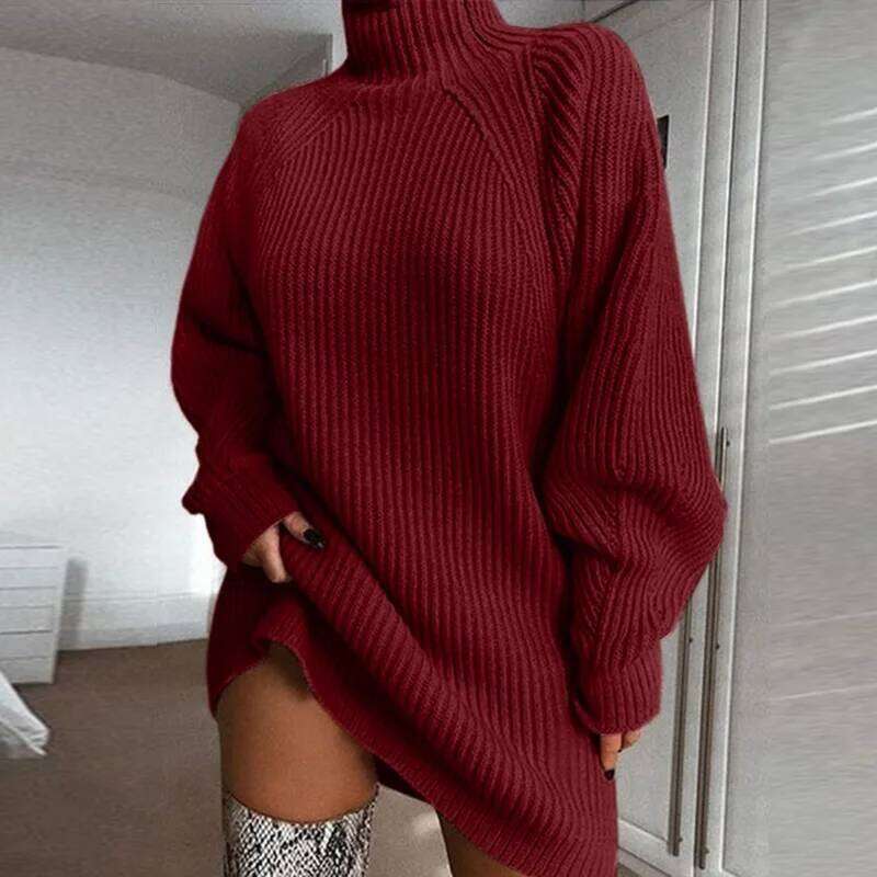 Women's Solid Color Autumn Winter Fashion Loose Casual Knitted Long-sleeved Turtleneck Pullover Ragshou Sweater Dress XJ260131