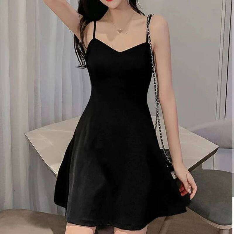 Elegant Spaghetti Strap Black for Women Sweet Sleeveless V-Neck Sling Dress Ladies Summer New A-Line Short Vestidos Mujer XJ260131
