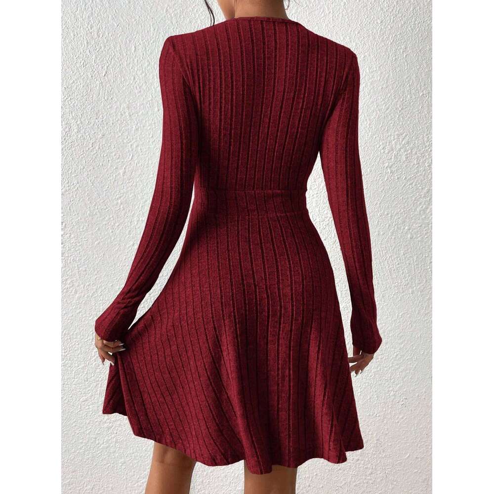 Ladies' autumn and winter sexy Bodycon sweater mini skirt Slim V-neck long-sleeved knitted dress XJ260131