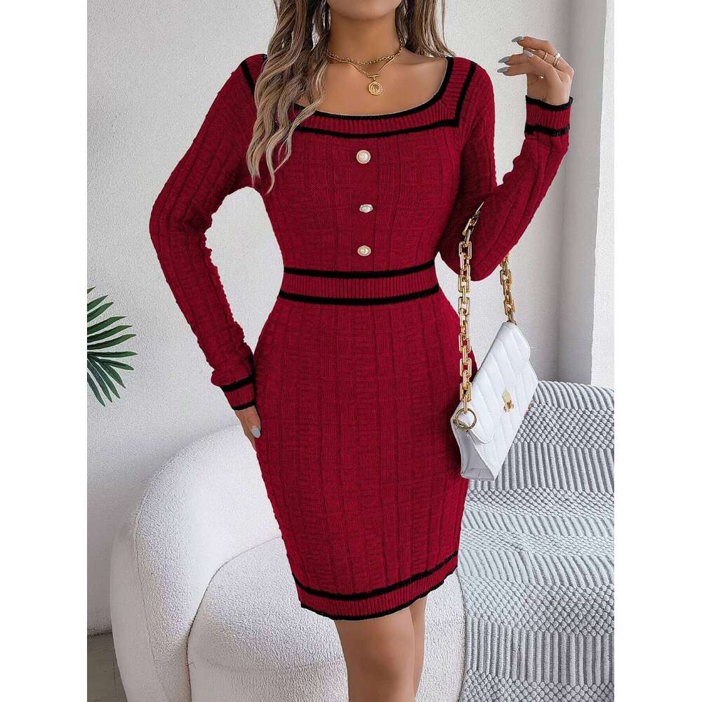 Autumn Winter Casual Elegant Square Collar Button Decoration Knitted Long Sleeve Bodycon Dress for Women XJ260131