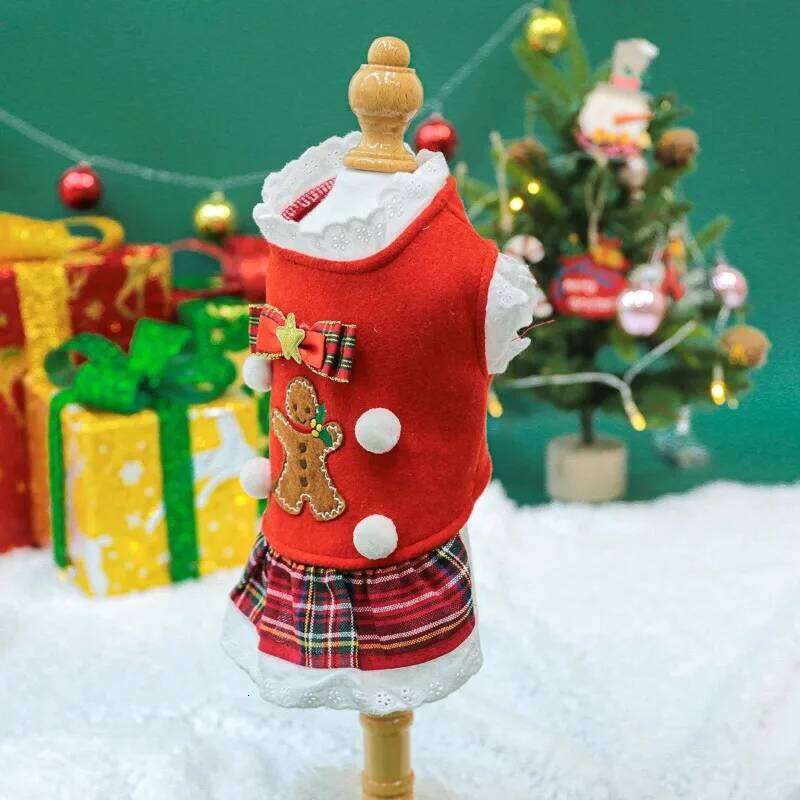1PC Pet Christmas Style Dog Cat Clothes Gingerbread Man Red New Year Autumn Thickened Warm Sleeveless Dress H260129