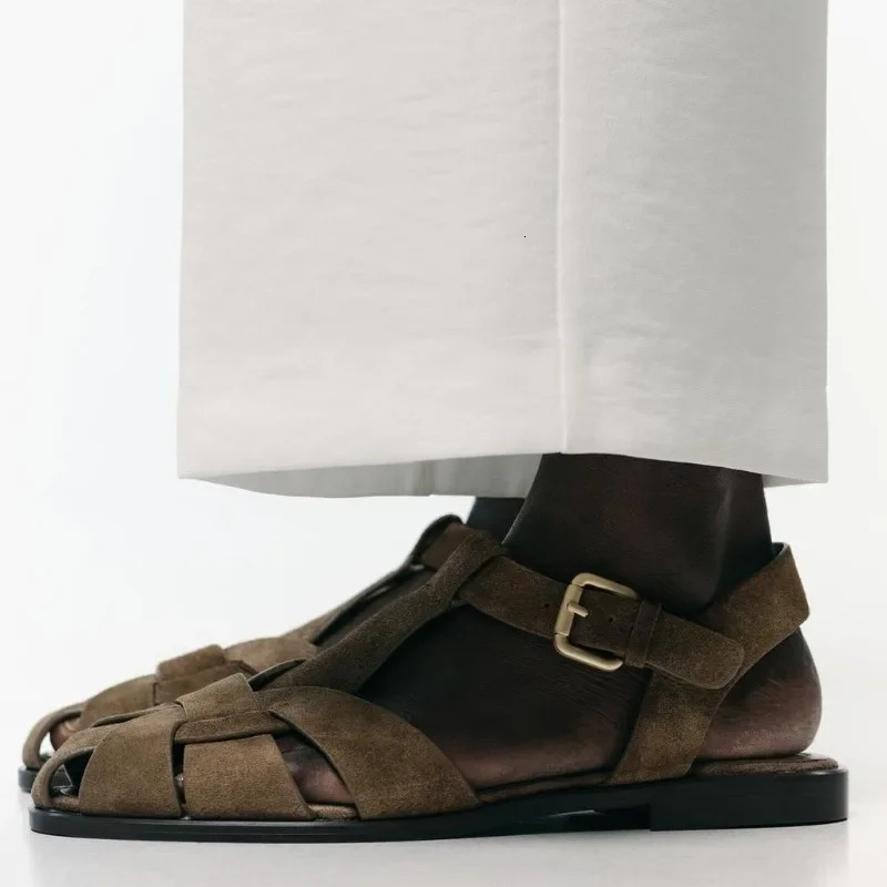 Suede Weavev Sandal Retro Metal Buckle Gladiator Shoes Hollow Fashion Flat Beach Female Zapatos De Mujer 260126