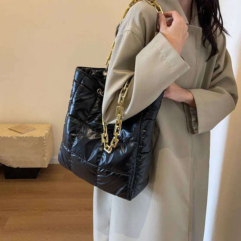Solid Color Winter Fashion Shoulder Bags For Women, Acrylic Chain Casual Tote Designer Plaid Down Cotton Ladies Handbags XJ260130