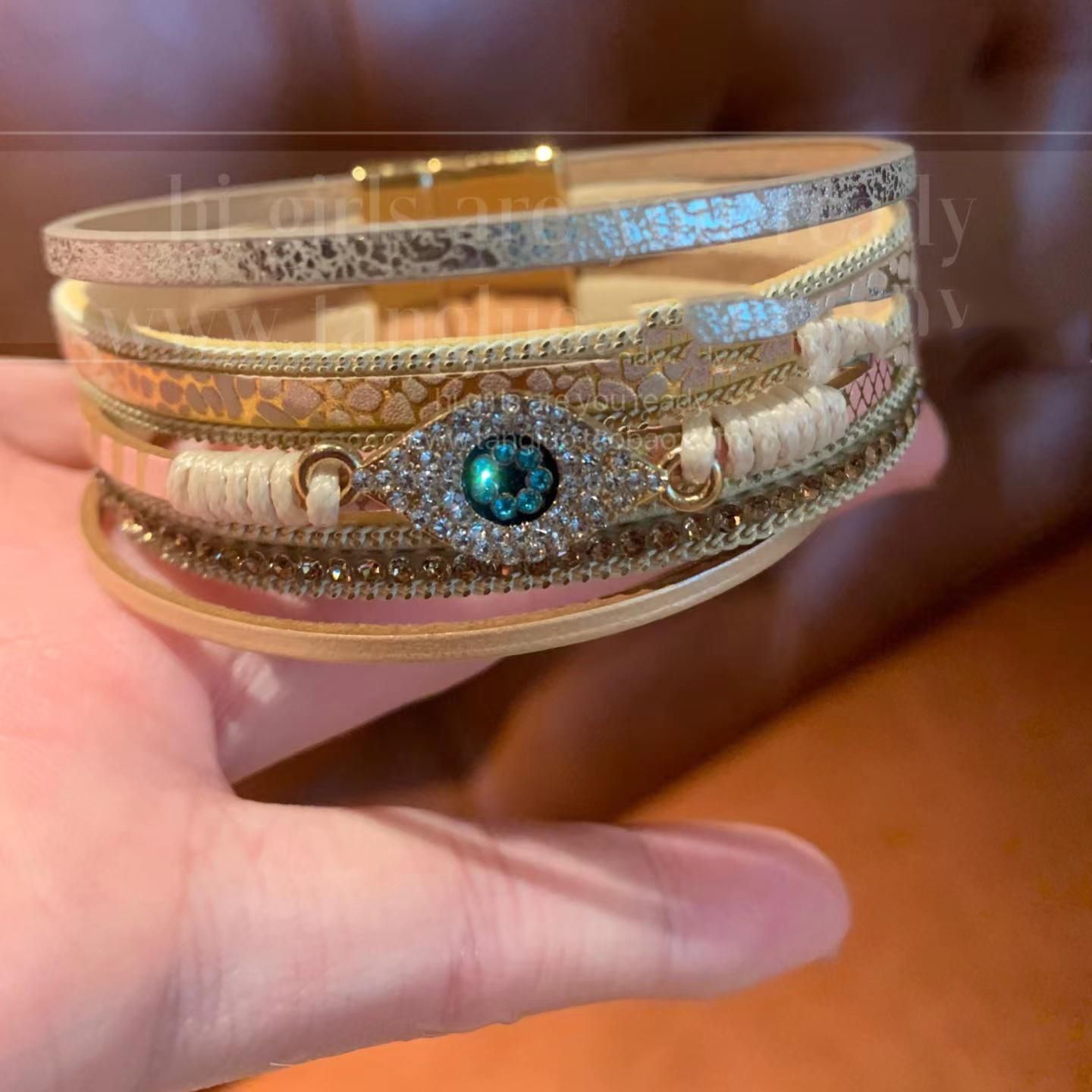 Inlaid Diamond Leather Devil's Eye Multi-layer Magnetic European and American Retro Light Luxury Bracelet Niche Design Sense Jewelry for Women
