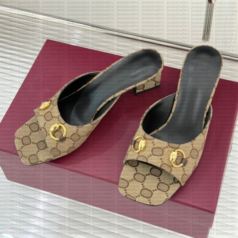 Designer Sandals heel Square Toe Horsebit Sandal Metal Buckle Mid-Heel Pumps Retro Block Heel High Heels Open Toe Slippers Women Slipper size 35-42 of