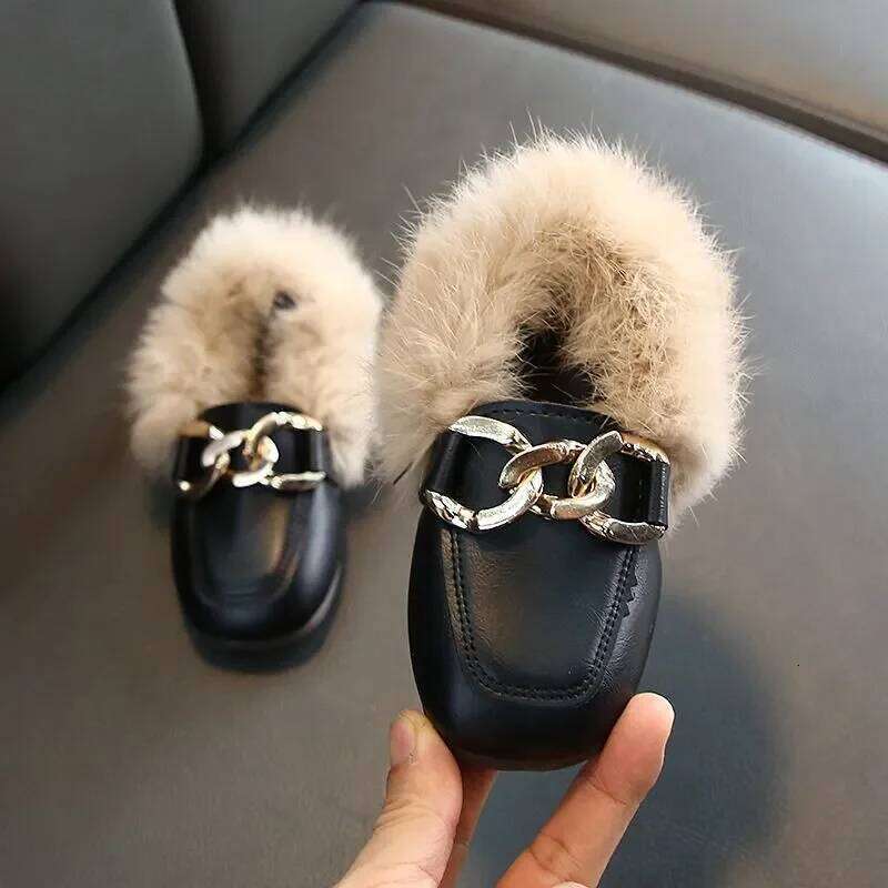 Kids Fur Children Velvet Baby Girls Warm Flats Toddler Black Brand Shoes Princess Loafer Chain Moccasin For Winter Y260128