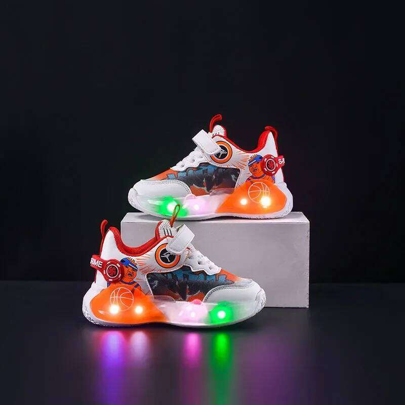 Spring Child Sneakers New Fashion Trendy Boy Mesh Breath Comfort Thick Casual Light Up Simple Basketball Kid Shoes Y260128