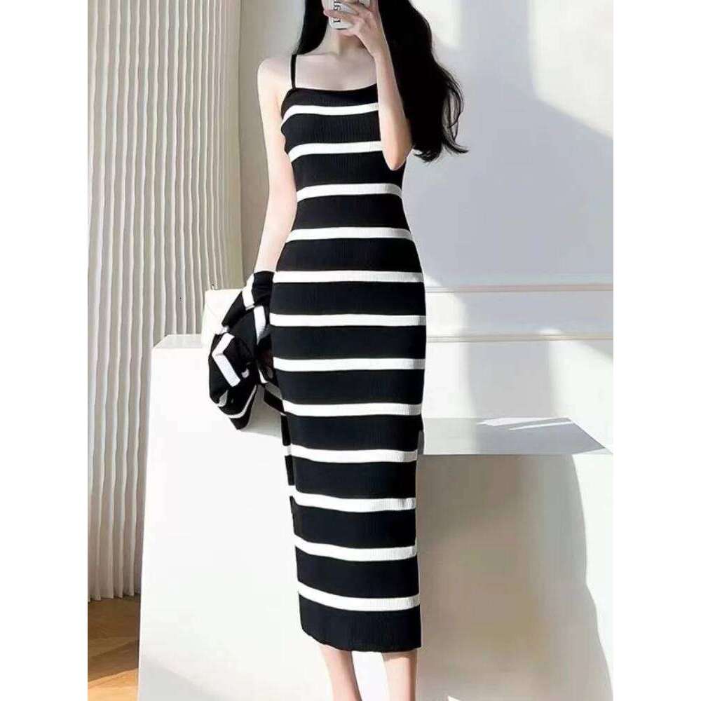 Sexy Black And White Stripes Camisole Dress for Women's Summer Sleeveless Slim fit Knitted Mid Length Dresses Bodycon Female Clo XJ260131