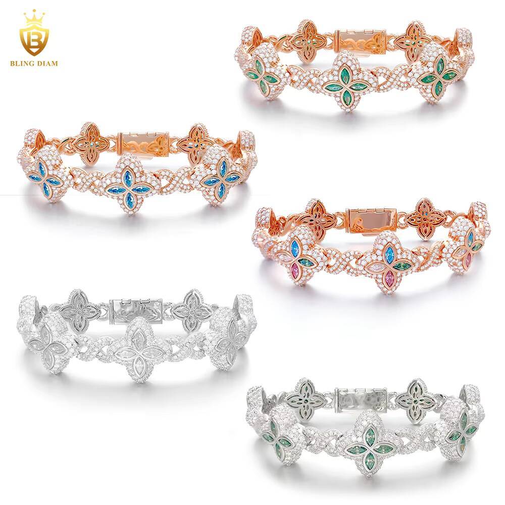 19mm Multiple Options Marquise Cut Flower New Design Colorful 925 Sliver Moissanite Clover Iced Out Bracelet
