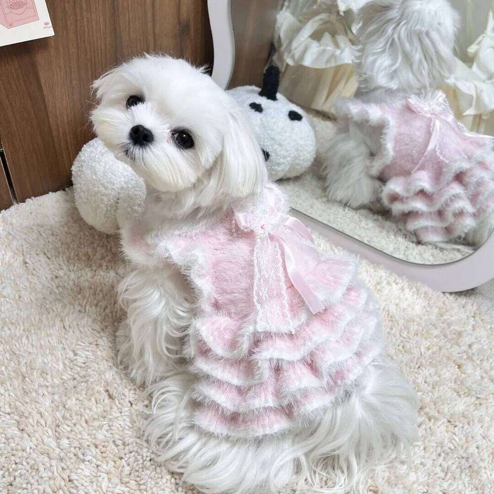 Autumn Winter Pet Knitted Warm Sweater Dress With Puff For Small Dogs & Cats Yorkshire Plush Lined Skirt H260130