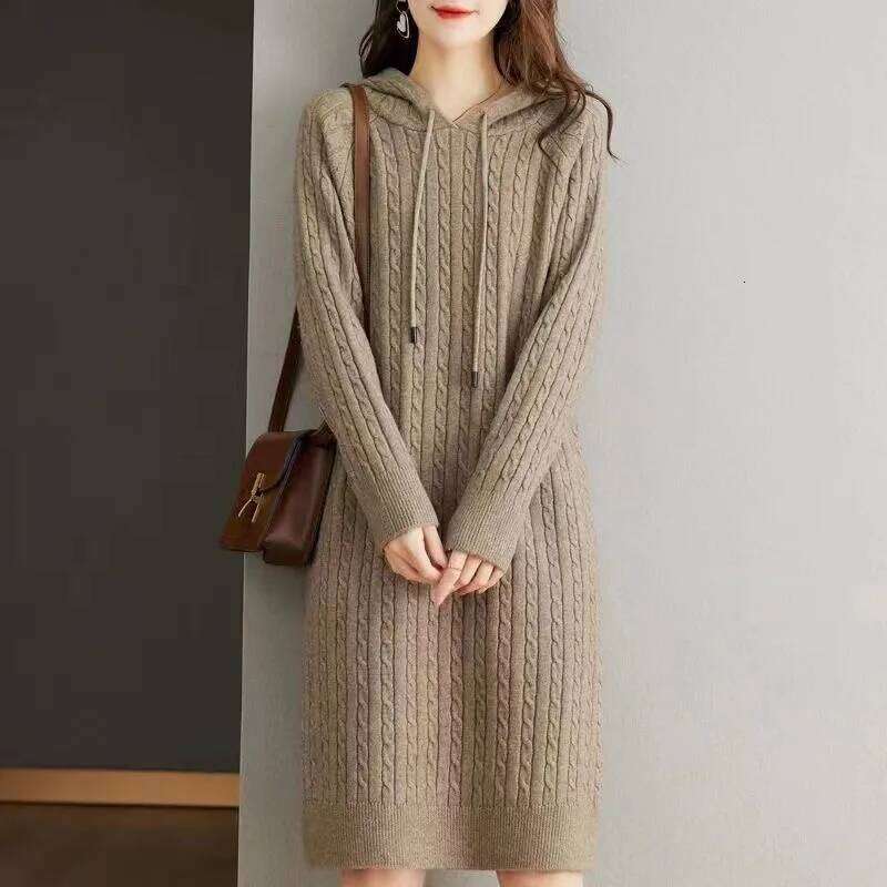 Autumn Winter Women's Thickened Hooded Dress Loose Sweater Long Sleeve Knitted Dresses XJ260131