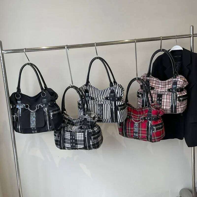 Fashion Trend Grid Gothic Punk Large Capacity Tote Bag2025Canvas Casual Commuter Versatile Shoulder Bag Bolsa De Un Hombro Mujer XJ260130