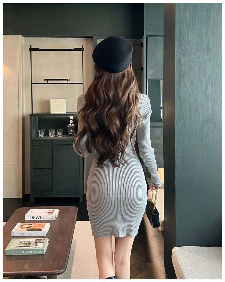 Korean Autumn Winter Grey Patchwork V Neck Elegant Short Women Button Long Sleeve Holiday Wrap Hip Knitted Mini Dress 2025 XJ260131