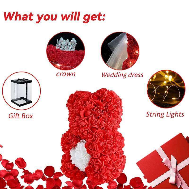 Artificial Flowers 25cm Rose Bear With Crown Light Valentines Day Gift Box Girlfriend Anniversary Wedding Dedcor Y260131