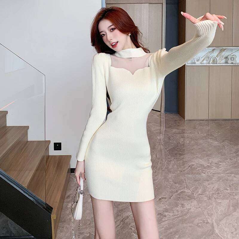 Spring French Fashion Sexy Knitted Party Women's High-neck Sheer Slim Bodycon Sweater Dress Casual High-street Clothing XJ260131