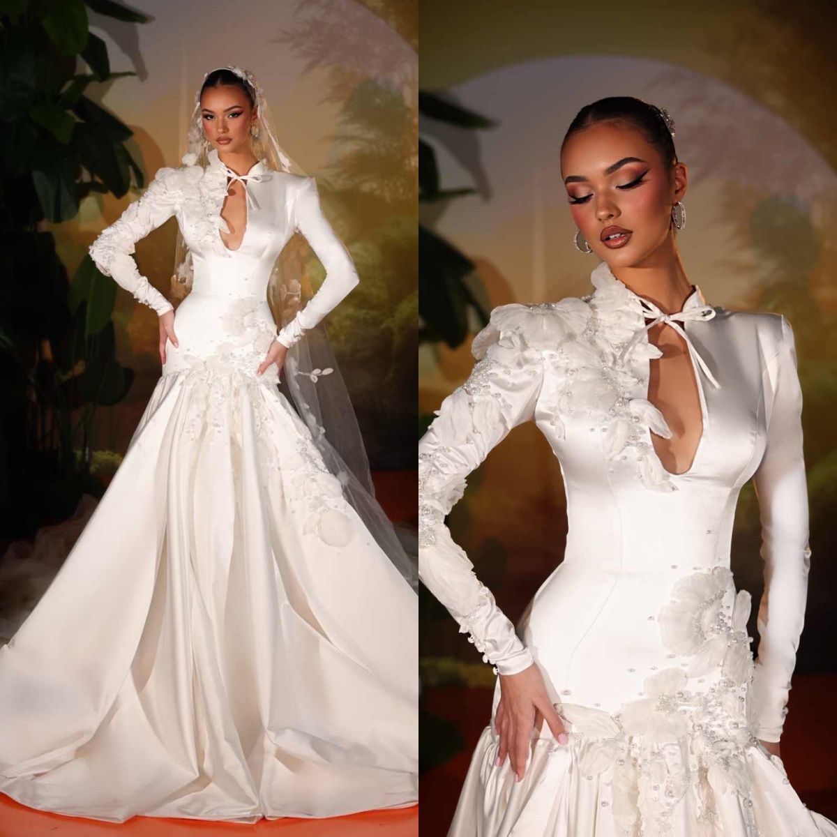 Fashion Long Sleeve Wedding Dresses Modern 3d Flowers Appliques A Line Bridal Dress Floor Length Bride Gowns Customized