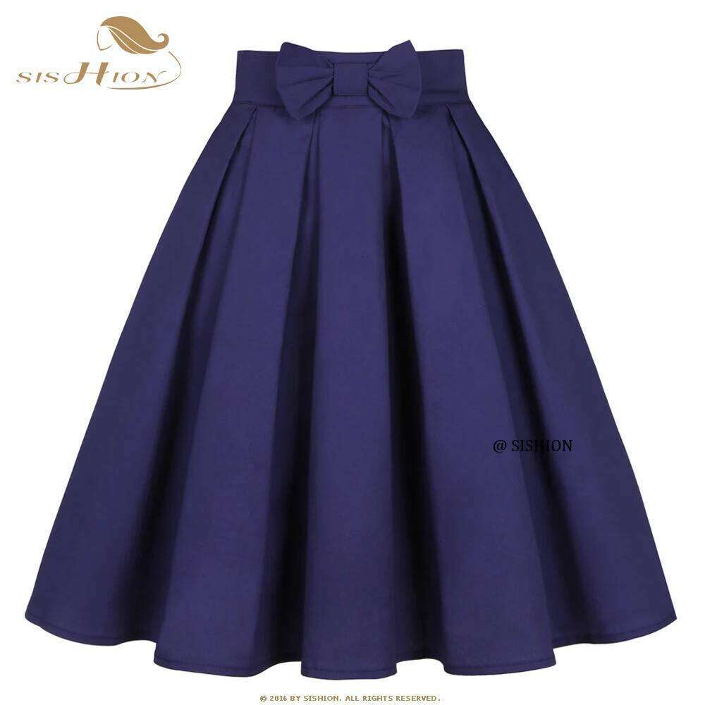 SISHION Women Solid Color Bow Cotton Navy Blue SS0012 50s 60s Hepburn High Waist Vintage Retro egirl Skater Pleated Skirt XJ260131