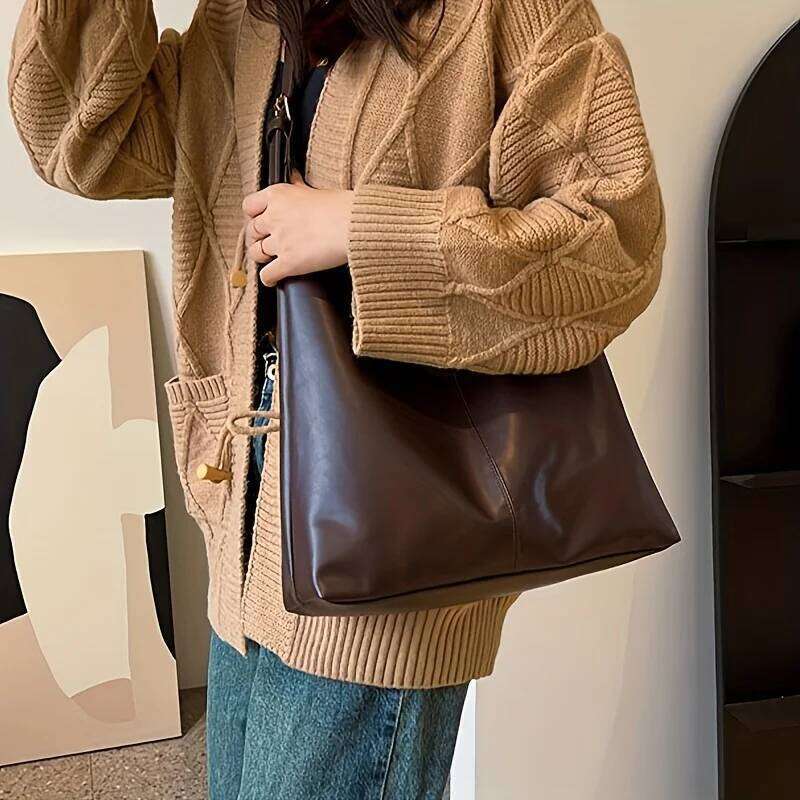 Solid Color Women Shoulder Vintage Square Handbag, Women's Tote Bag, Casual Flip-Top Underarm Bag for Shopping and Outings XJ260131