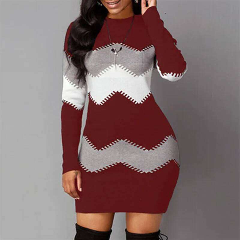 Women Elegant Patchwork Long Sleeve Warm 2022 Autumn Winter Rib Knit Sweater Dress Casual Turtleneck Pullover Mini Dresses XJ260131