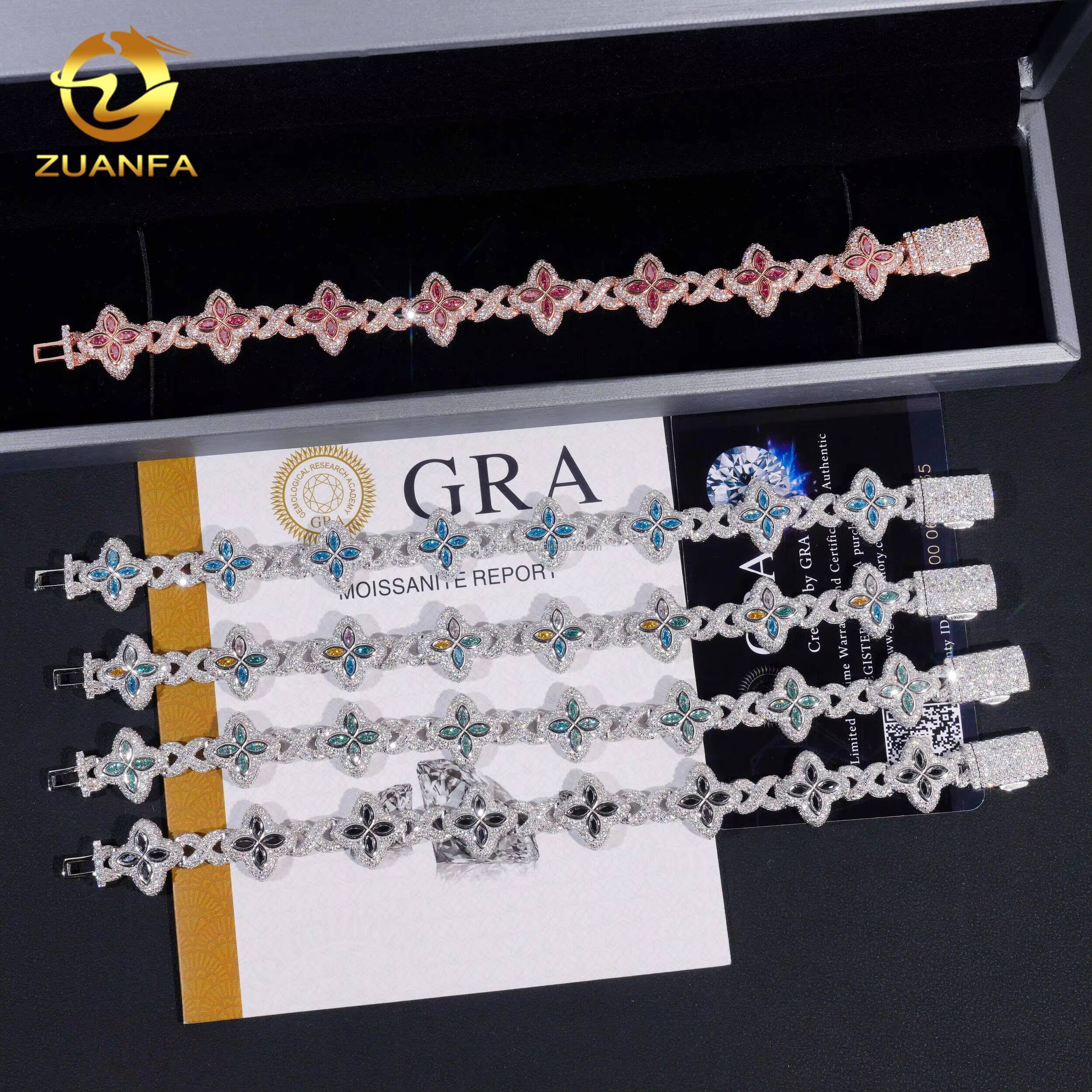 Unique Design 15mm Marquise Flower Hip Hop Jewelry Iced Out Multi Color Moissanite Diamond Clover Infinity Cuban Link Bracelet