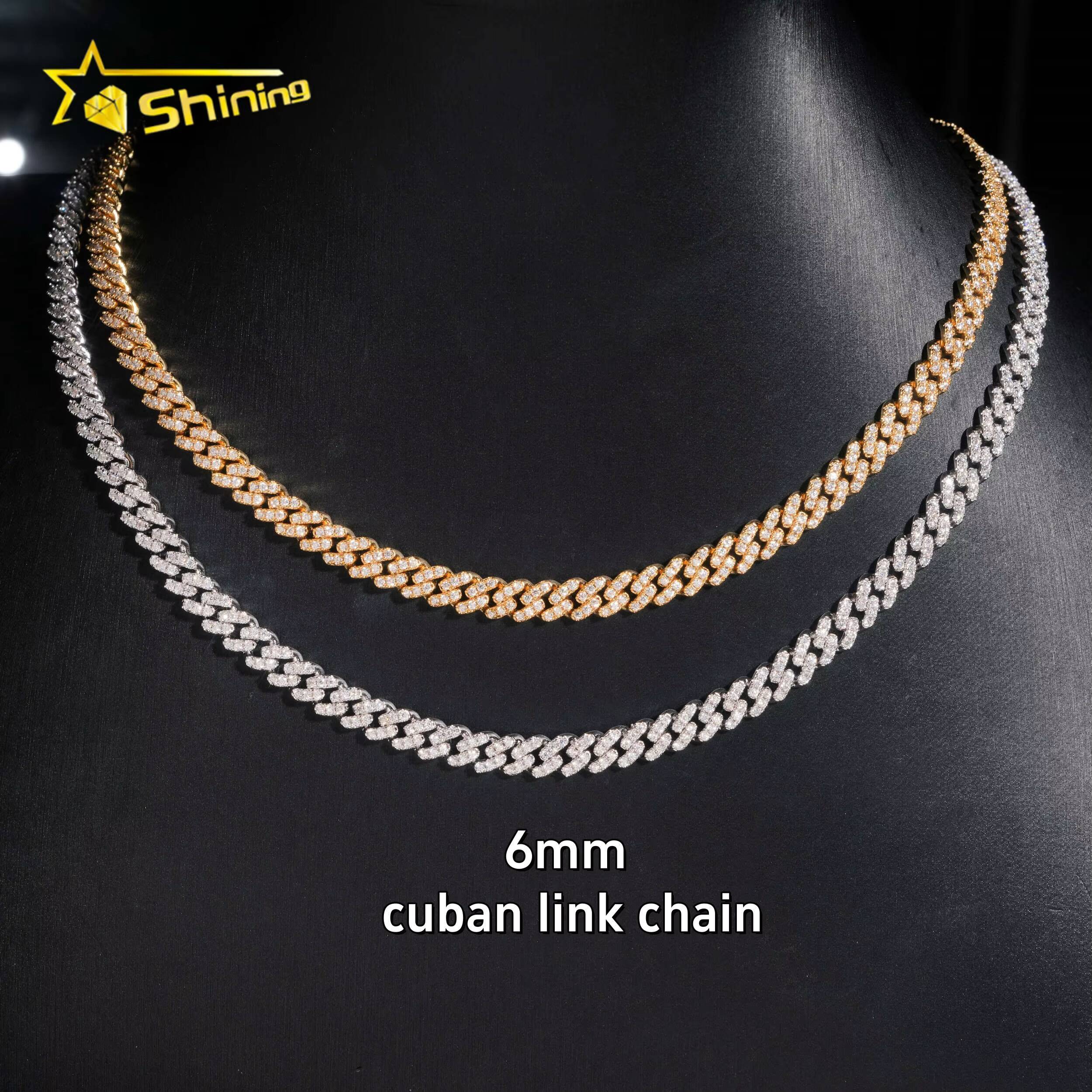 Factory Price RTS Hip Hop Jewelry 6mm Solid 925 Sterling Silver Gold Plated VVS Iced Out Moissanite Miami Cuban Link Chain
