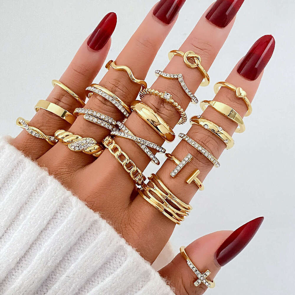 stackable rings and American Cross-Border New Style Diamond Cross Knot Heart Spiral Ring 20-Piece Set Adjustable Open Rings