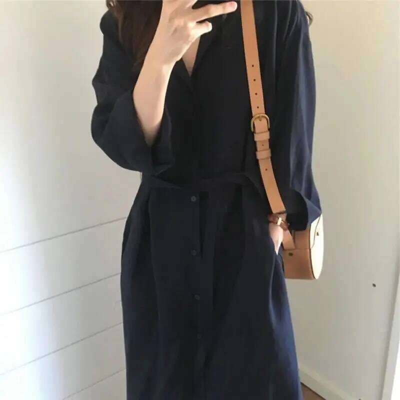 Fashion V-Neck Button Solid Color Bandage Shirt Women's Clothing 2025 Spring New Loose Long Sleeve All-match Casual Dress XJ260131