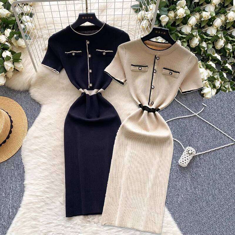 New Spring Summer Sexy Short Sleeve Knitted Dress Sheath High Waist Bodycon Skirt Color Block Design Korean Mini Dresses XJ260131