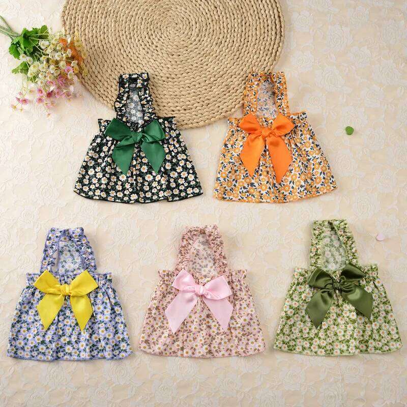New spring and summer small wrinkled chrysanthemum strap cotton princess dress pet elastic dog clothes lady skirt H260130