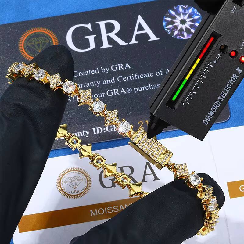 RINNTIN XP108 Pass Diamond Tester High Quality Vvs Moissanite Iced Out Brass 18K Gold Plated Moissanite Bracelet