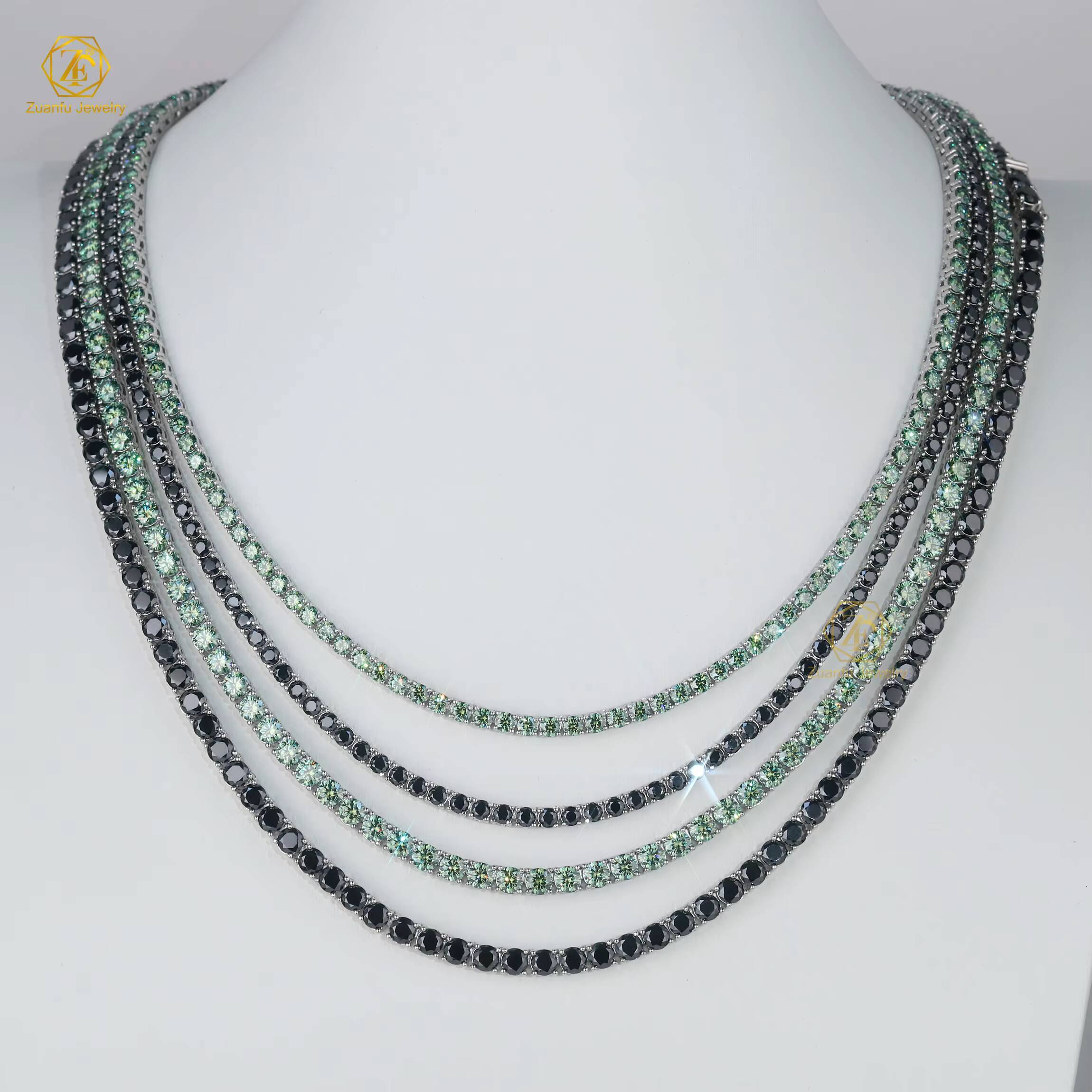 New Trendy Blue Green Tennis Link Chain 3mm 4mm 5mm Vvs Moissanite Diamond 925 Silver Ice Out Tennis Chain Necklace