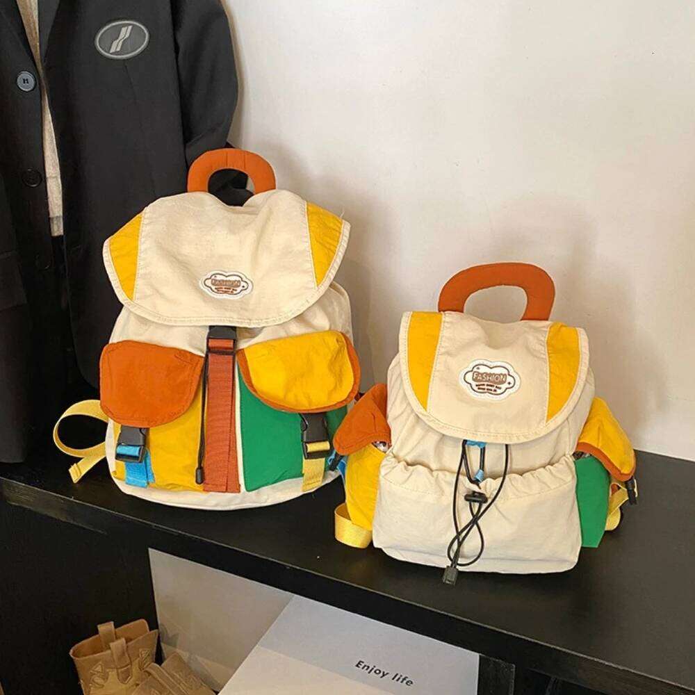 New Color Matching 2 Sizes Parent-Child Bags Korean Style Large Capacity Drawstring Schoolbag Nylon Multi-Pocket Kids Backpack