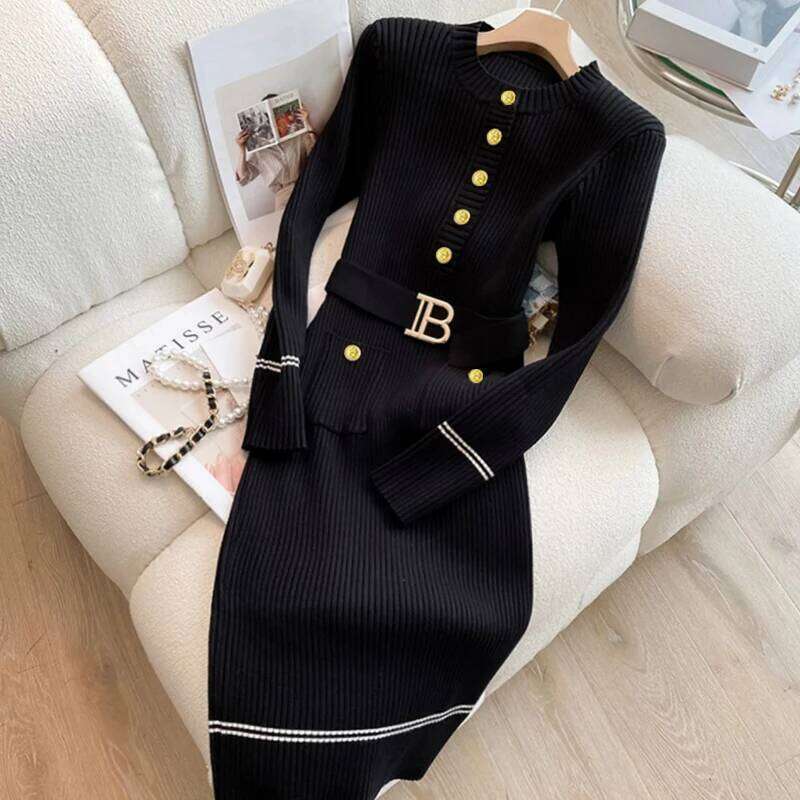 YuooMuoo Brand Fashion Knitted Long 2024 New Elegant O-neck Buttons Lace-up Pockets Bodycon Dress Lady Sweater Vestidos XJ260131