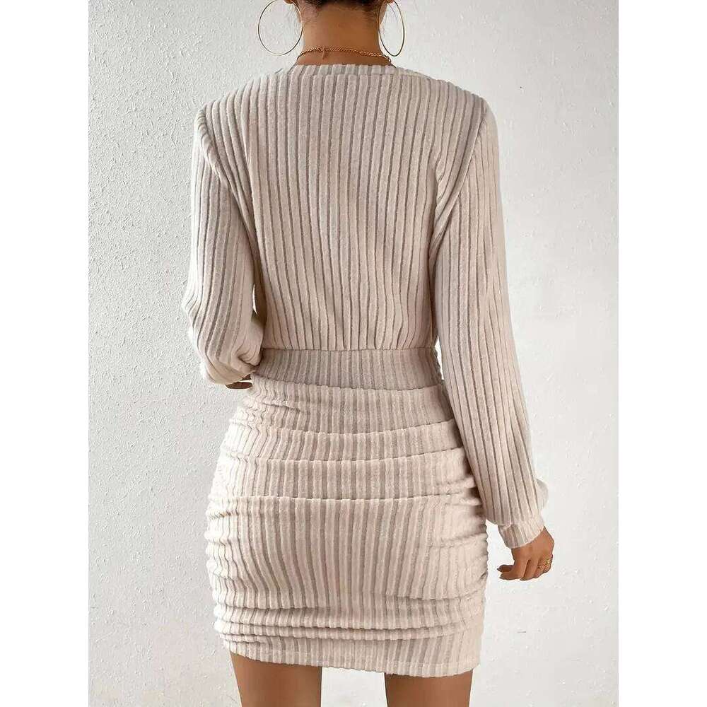 Womens 2025 Fall Winter Ribbed Knit Sweater Casual Long Sleeve Sexy V Neck Bodycon Mini Dress XJ260131