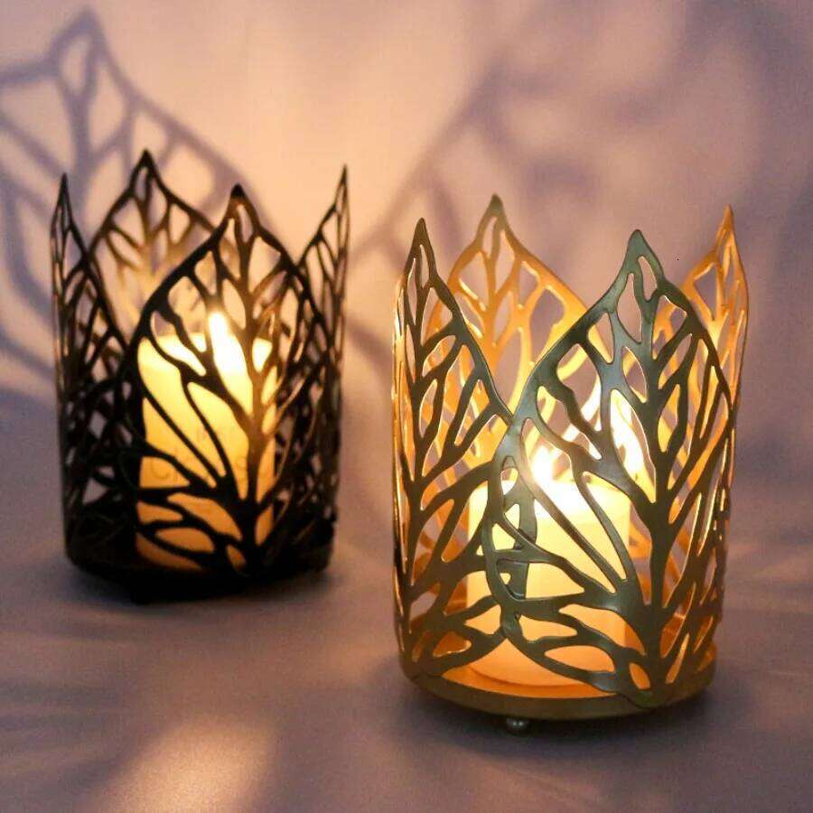 1Pc Nordic Wrought Iron Gold Distressed Hollow Leaf Holders Home Decor Candle Holder Ornaments Wedding Props Handicrafts Y260131