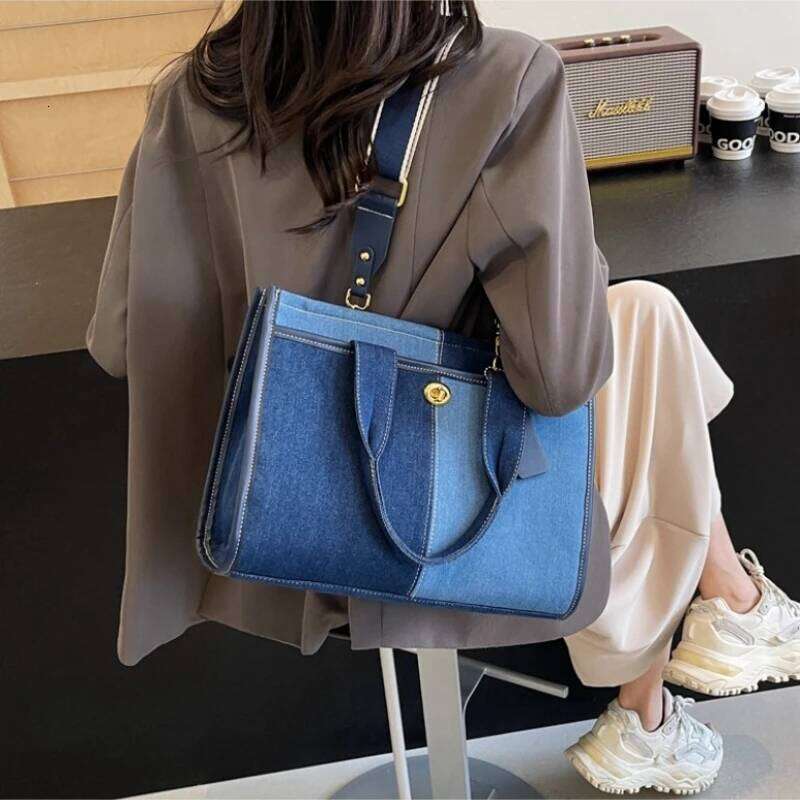 Denim Handbag Female 2026 New Fashion Color Collision Splicing Single Shoulder Crossbody Commuter Casual Tote Bags XJ260131