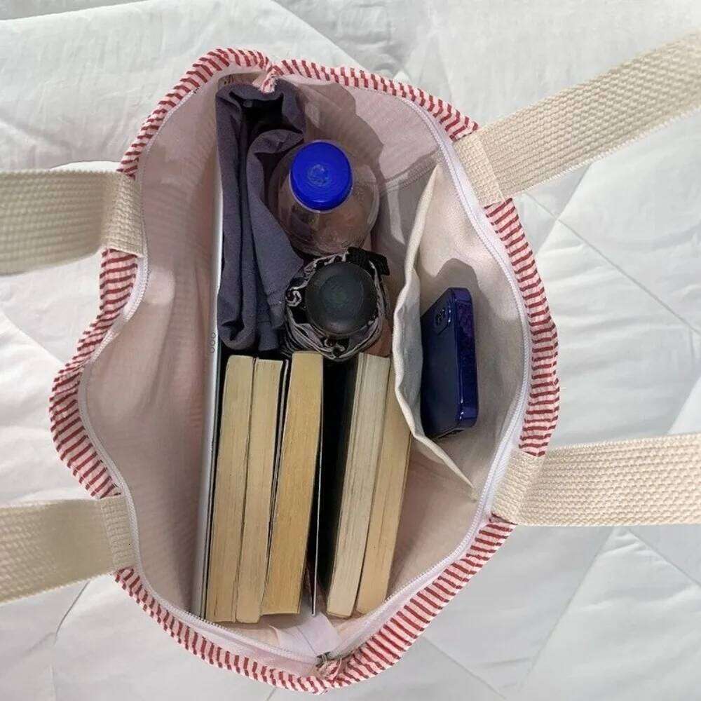Large Capacity College Book Tote Stripe Contrast Color Women's Canvas Shoulder Zipper Handbags Simple Commuter Shopping Bag