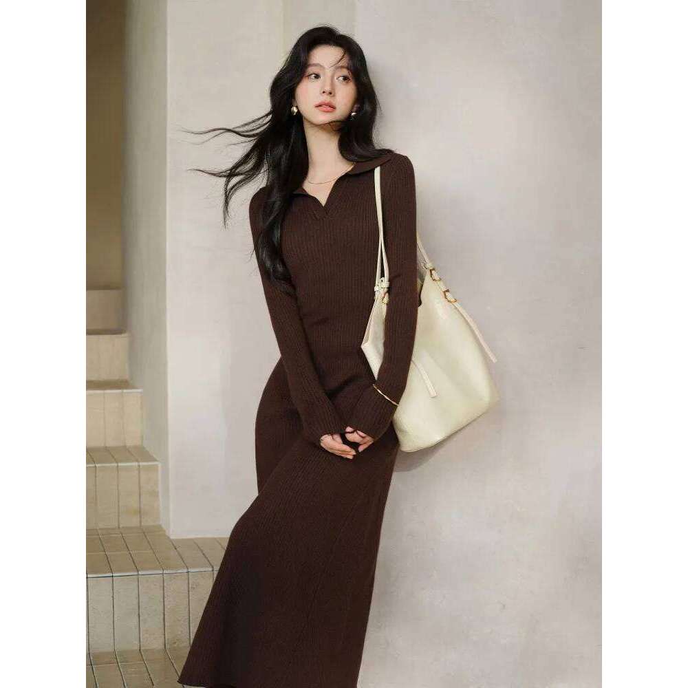Elegant Ribbed Knit Long with V Neck for Women Chic Slim Fit Maxi Sweater Dress Casual Early Spring Commuter Lady Look XJ260131