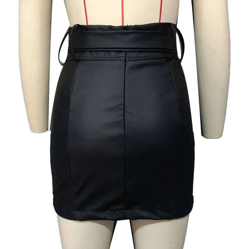 Pencil Black PU Split Sheath Wrap Skirts Faux Leather Zippers High Waist Belt Mini Skirt XJ260131