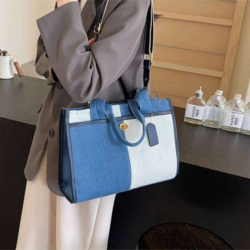 Denim Handbag Female 2026 New Fashion Color Collision Splicing Single Shoulder Crossbody Commuter Casual Tote Bags XJ260131
