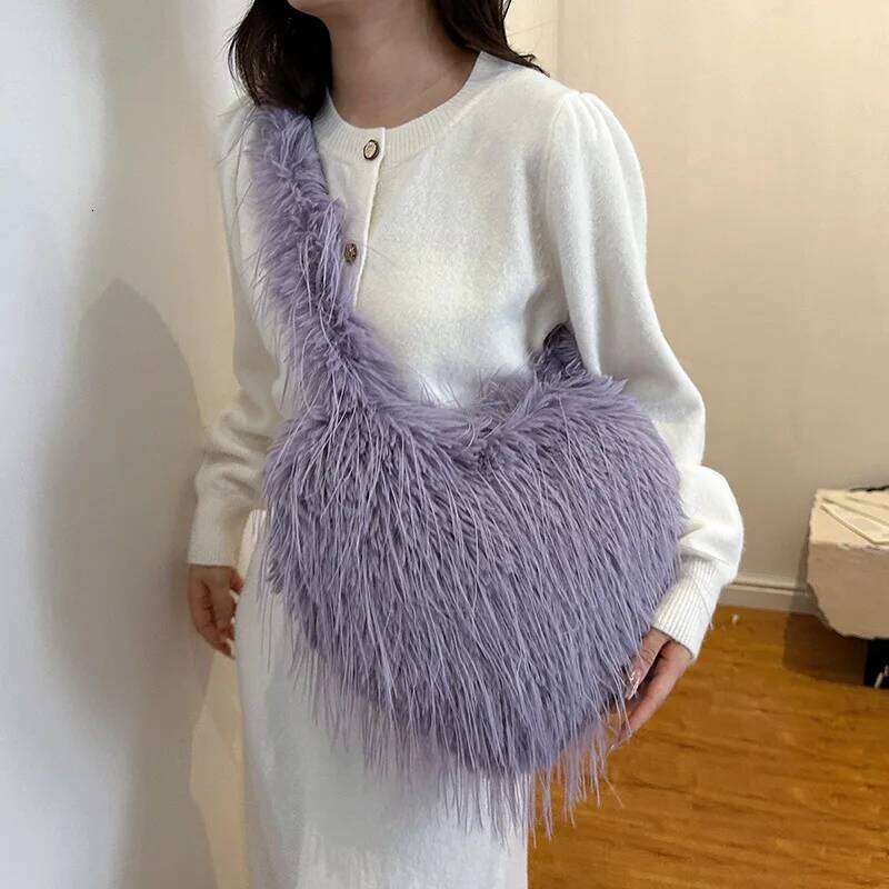 Ins Style Oversized Heart Bag - Faux Raccoon Fur Fluffy Shoulder Bag, 2024 Fall Winter Fashion Must-Have Crossbody Purse XJ260131